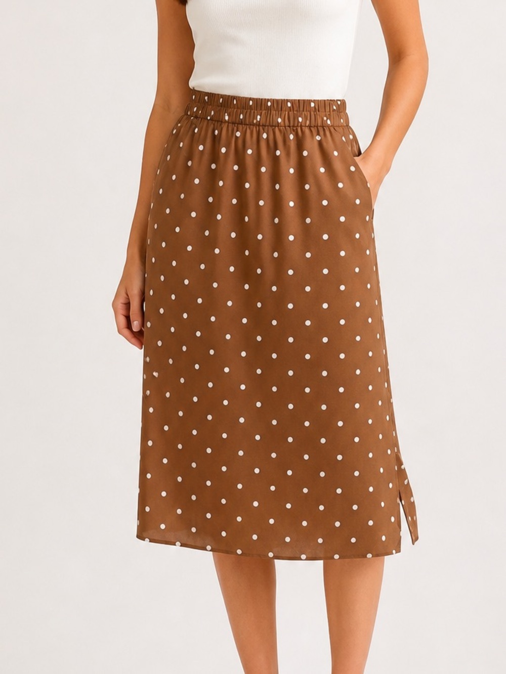 J.Crew Factory Polka Dot Skirt XL Brown White Elastic Waist Pockets